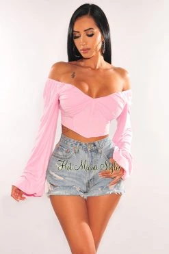 MEEK Baby Pink Long Sleeve Lace Up Back Bustier Crop Top Just In