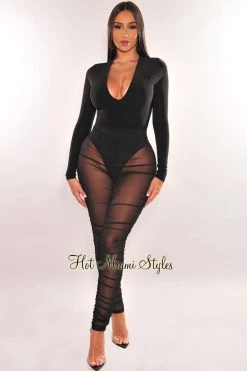 Uptown Apparel Black Silky V Neck Long Sleeve Bodysuit