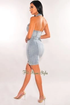 REhab Just In Light Denim Collared Halter Open Back Button Up Dress
