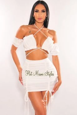 Vendor-unknown Just In White Off Shoulder Frill Tie Up Ruched Skirt Two Piece Set