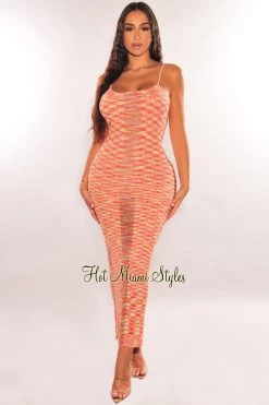 Hera Collection Orange Space Dye Ribbed Knit Spaghetti Straps Ladder Cut Dress Just In