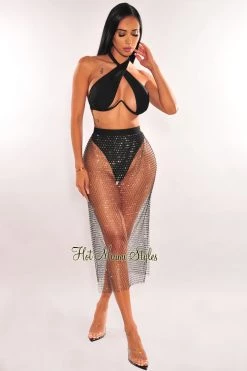 No 1 Just In Black Fishnet Silver Rhinestone High Waist Cover Up Skirt