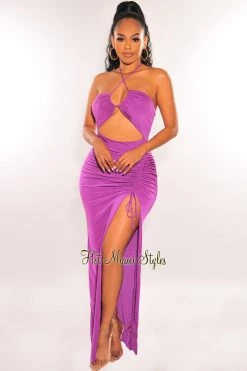 HER SHE Magenta Halter Cut Out Ruched Slit Maxi Dress