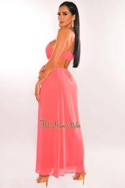 Vendor-unknown Neon Coral Smocked Spaghetti Straps Cut Out Maxi Dress