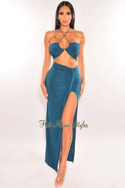 SPRING HAZE Deep Green Halter Keyhole Knotted Slit Skirt Two Piece Set