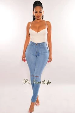 Vendor-unknown Light Denim Ripped Knee High-Waist Skinny Jeans Just In