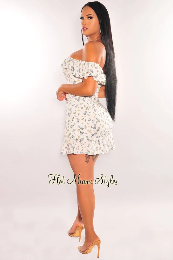 EDIT BY NINE Off White Floral Print Off Shoulder Ruffle Mini Dress Just In