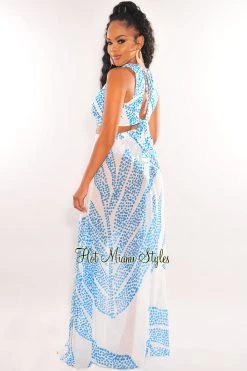 LUXXEL White Teal Palm V Neck Cut Out Maxi Dress