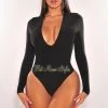 Uptown Apparel Black Silky V Neck Long Sleeve Bodysuit