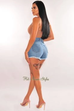 GJG DENIM Just In Denim Distressed Frayed Hem High Waist Shorts