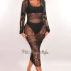 Elan International Black Silky Crochet Cover-Up Long Sleeves Maxi Dress Just In