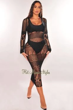 Elan International Black Silky Crochet Cover-Up Long Sleeves Maxi Dress Just In
