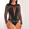 Privy Just In Black Mesh Round Neck Long Sleeve Bodysuit