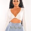 TIC TOC Just In White Ribbed Knit Knotted Long Sleeve Crop Top
