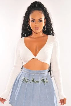 TIC TOC Just In White Ribbed Knit Knotted Long Sleeve Crop Top