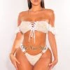Hollywood & I Just In White Nude Floral Lace Off Shoulder Strappy O-Ring Bikini