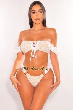 Hollywood & I Just In White Nude Floral Lace Off Shoulder Strappy O-Ring Bikini