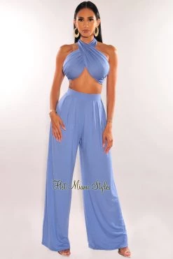 SPRING HAZE Just In Dusty Blue Bandeau Tie Up High Waist Palazzo Pants Two Piece Set