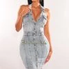 REhab Just In Light Denim Collared Halter Open Back Button Up Dress