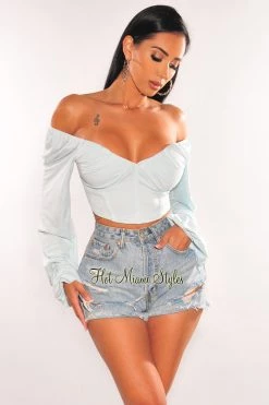 MEEK Just In Baby Blue Long Sleeve Lace Up Back Bustier Crop Top