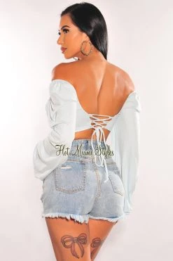 MEEK Just In Baby Blue Long Sleeve Lace Up Back Bustier Crop Top