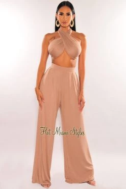 SPRING HAZE Mocha Bandeau Tie Up High Waist Palazzo Pants Two Piece Set Just In
