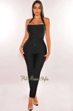 Vendor-unknown WAIST SNATCHED: Black Bandage Halter Belted Jumpsuit Just In