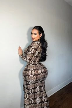 Vendor-unknown Just In Brown Snake Print Plunge V Neck Ruffle Sleeve Maxi Dress