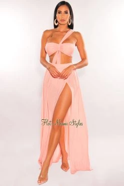 REhab Blush One Shoulder Cut Out Strappy Slit Maxi Dress Just In