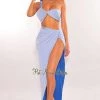 HER SHE Baby Blue One Shoulder Knotted Slit Skirt Two Piece Set