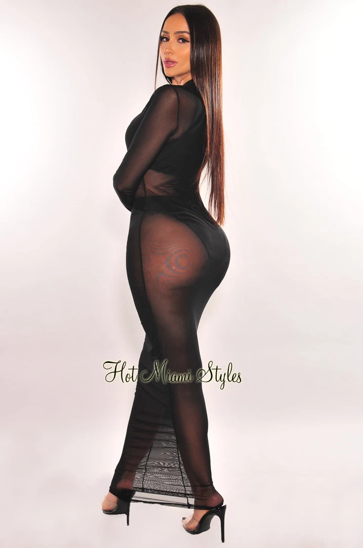 Hollywood & I Black Sheer Mesh Long Sleeve Cover Up Dress