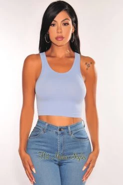 Idea... HMS ESSENTIAL: Dusty Blue Ribbed Seamless Sleeveless Crop Top Just In