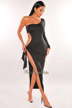 Vendor-unknown Just In Black One Sleeve Cut Out Tie Up Slit Dress