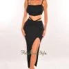 36 Points Just In Black Ribbed Knit Wrap Around Slit Skirt Two Piece Set