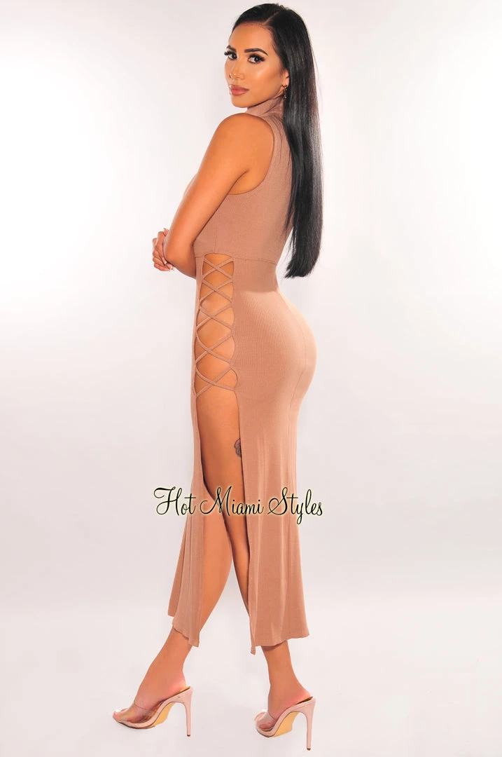 Vendor-unknown Mocha Ribbed Mock Neck Lace Up Double Side Slit Dress Just In
