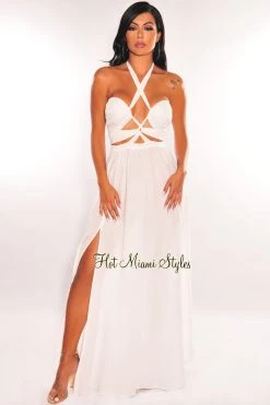 Vendor-unknown White Halter Lace Up Cut Out Slit Maxi Dress Just In
