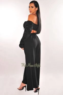 Vendor-unknown Black Tie Up Long Sleeve High Waist Palazzo Two Piece Set Just In
