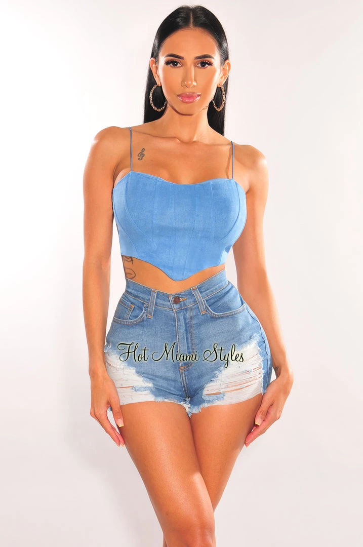 Fashion Wild Cat Baby Blue Elastic Straps Bustier Curved Hem Crop Top Just In