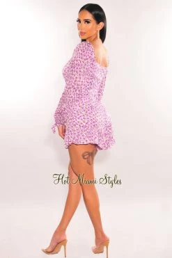 Vendor-unknown Lavender Floral Print Padded Long Sleeve Belted Romper