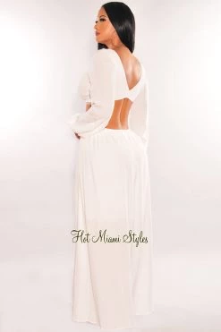 Vendor-unknown White V Neck Smocked Cut Out Long Sleeve Maxi Dress