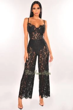 WILD CAT Black Floral Lace Spaghetti Straps Palazzo Jumpsuit Just In