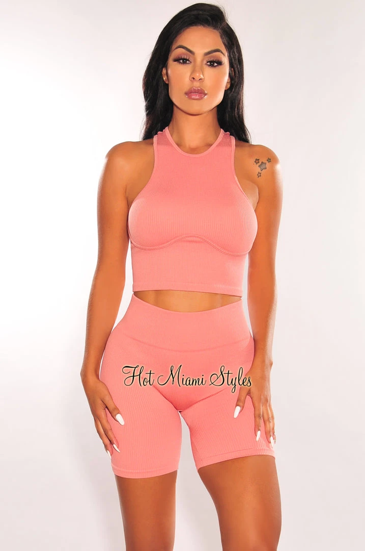 HYFVE Dusty Rose Seamless Ribbed Biker Shorts Two Piece Set Just In