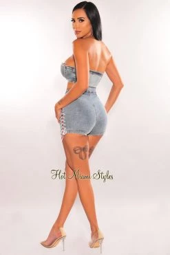 MEEK Just In Denim Padded Strapless Lace Up Shorts Two Piece Set