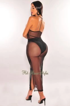 TIC TOC Black Sheer Mesh Spaghetti Straps Cover Up Slit Dress Just In