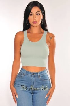 Idea... HMS ESSENTIAL: Sage Ribbed Seamless Sleeveless Crop Top Just In