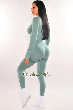 Sole Mio (set) HMS Fit: Sea Green Marl Seamless Butt Lifting Leggings Two Piece Set Just In