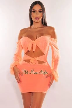 Meek Neon Orange Mesh Tie Up Cut Out Long Sleeve Dress Just In