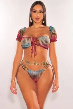 Hollywood & I Multi Color Ribbed Off Shoulder Lace Up Strappy O-Ring Bikini Just In