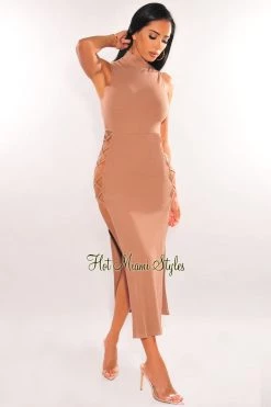 Vendor-unknown Mocha Ribbed Mock Neck Lace Up Double Side Slit Dress Just In