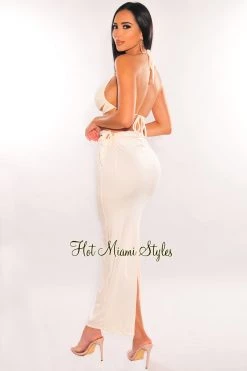 SPRING HAZE Cream Cut Out Knotted Midi Skirt Two Piece Set